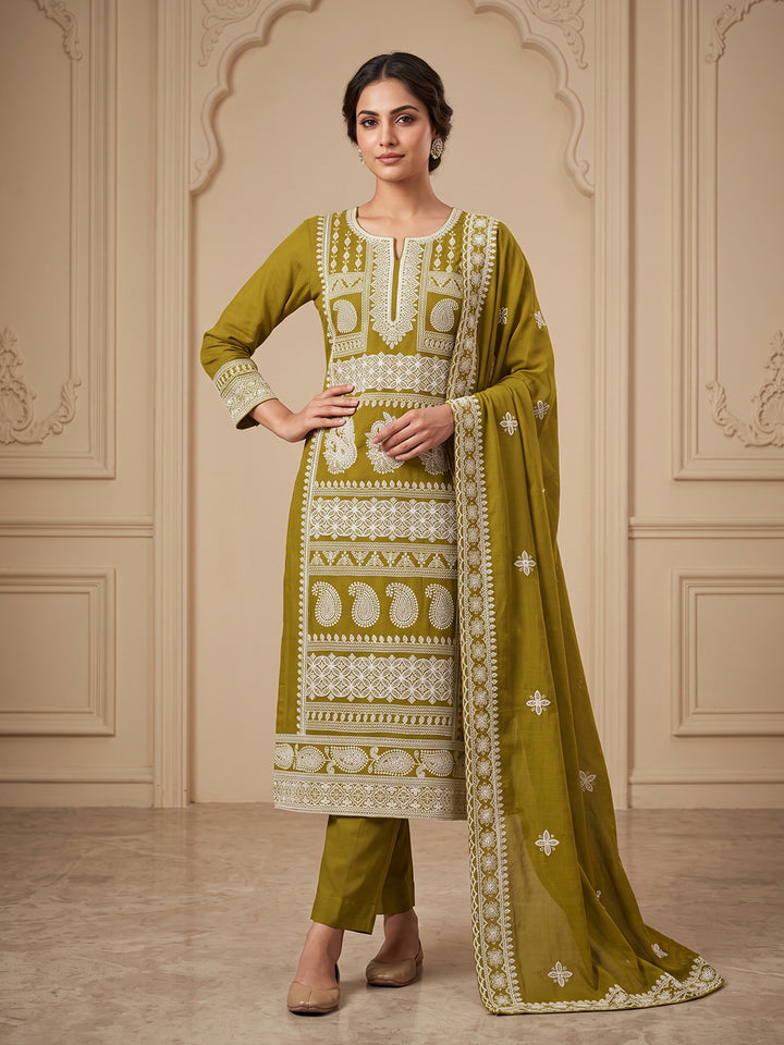Mehndi Chanderi Embroidered Unstitched Dress Material
