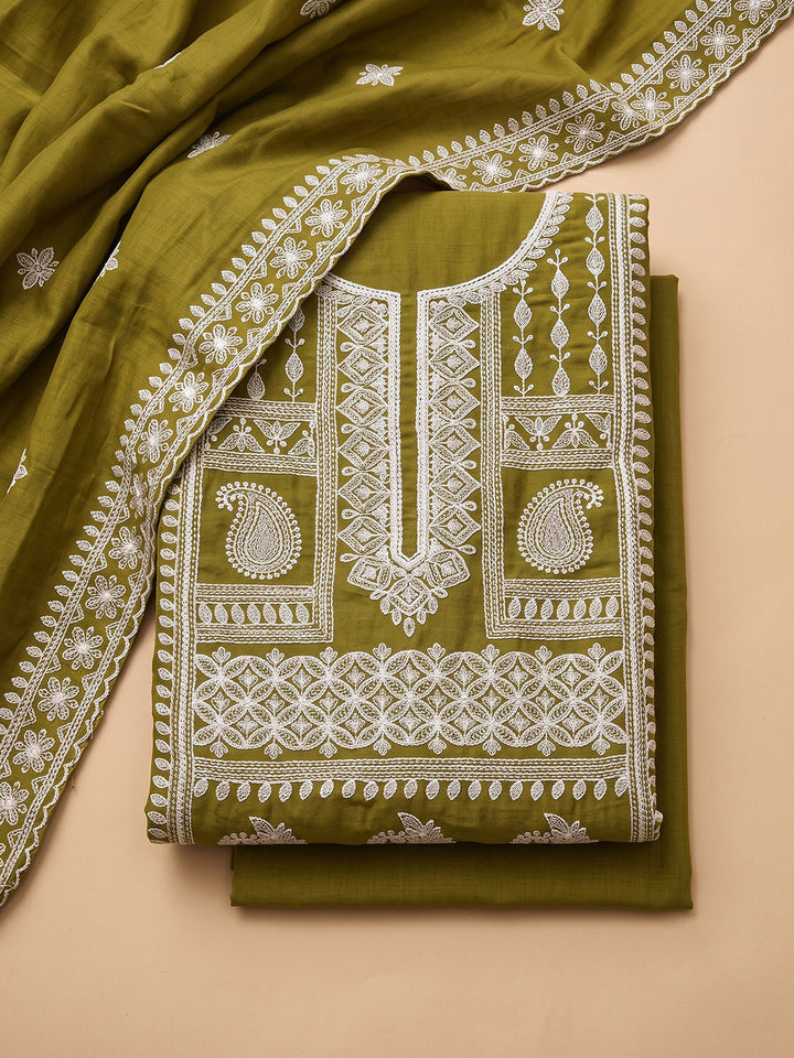 Mehndi Chanderi Embroidered Unstitched Dress Material