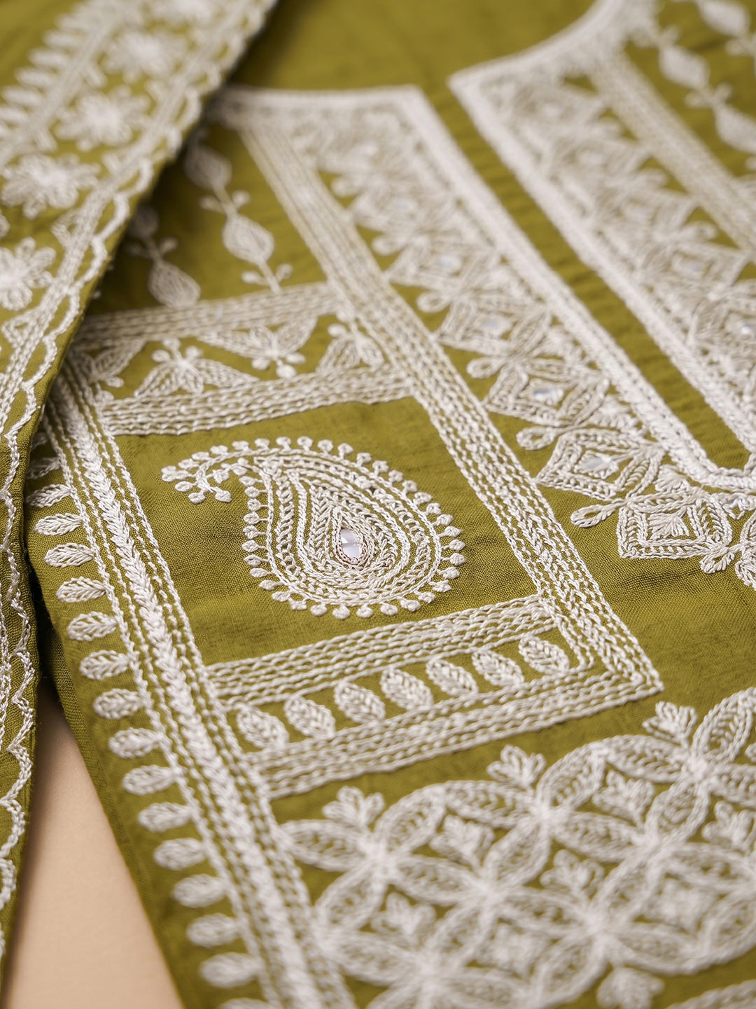 Mehndi Chanderi Embroidered Unstitched Dress Material