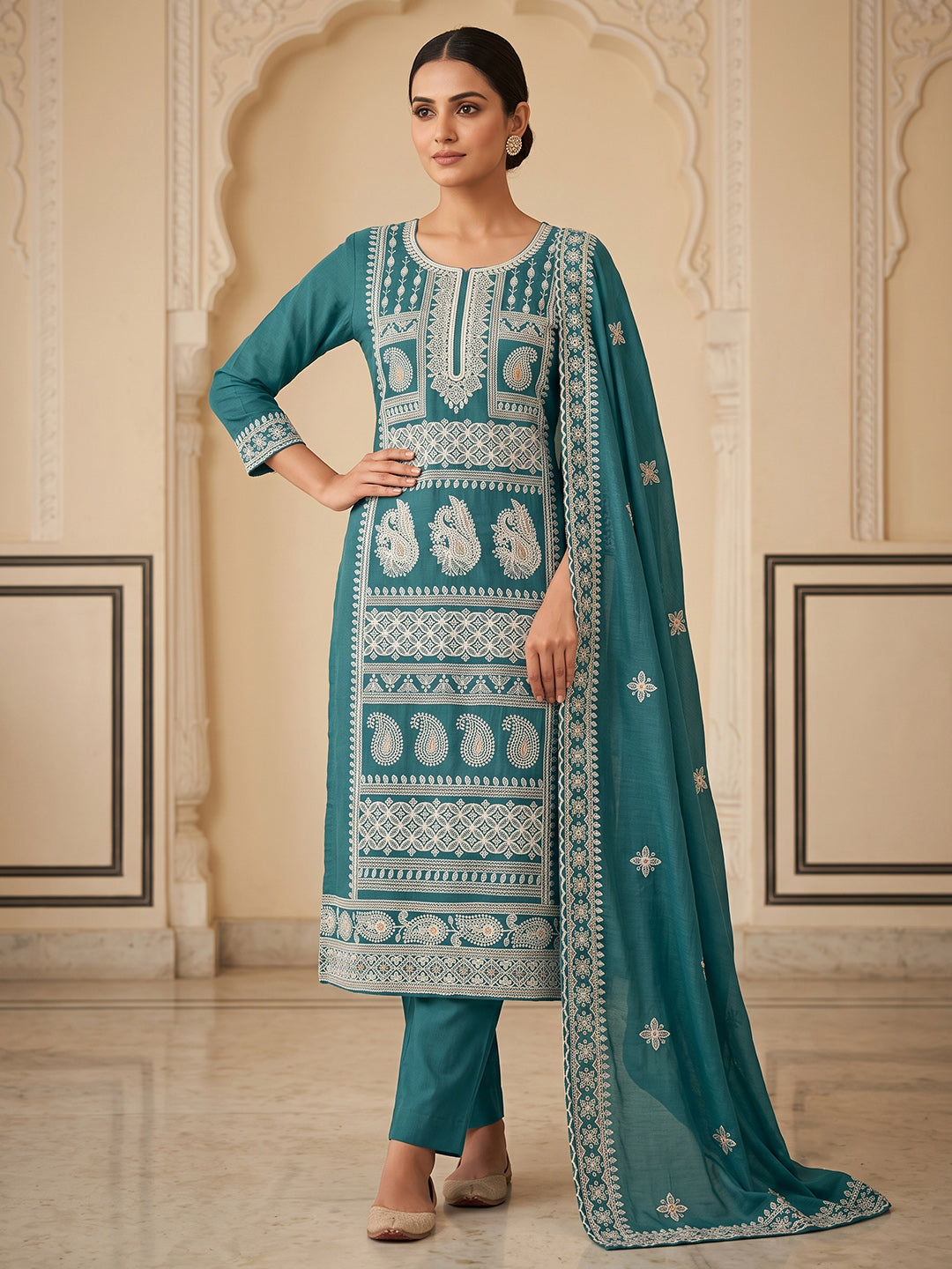 Rama-Green Chanderi Embroidered Unstitched Dress Material