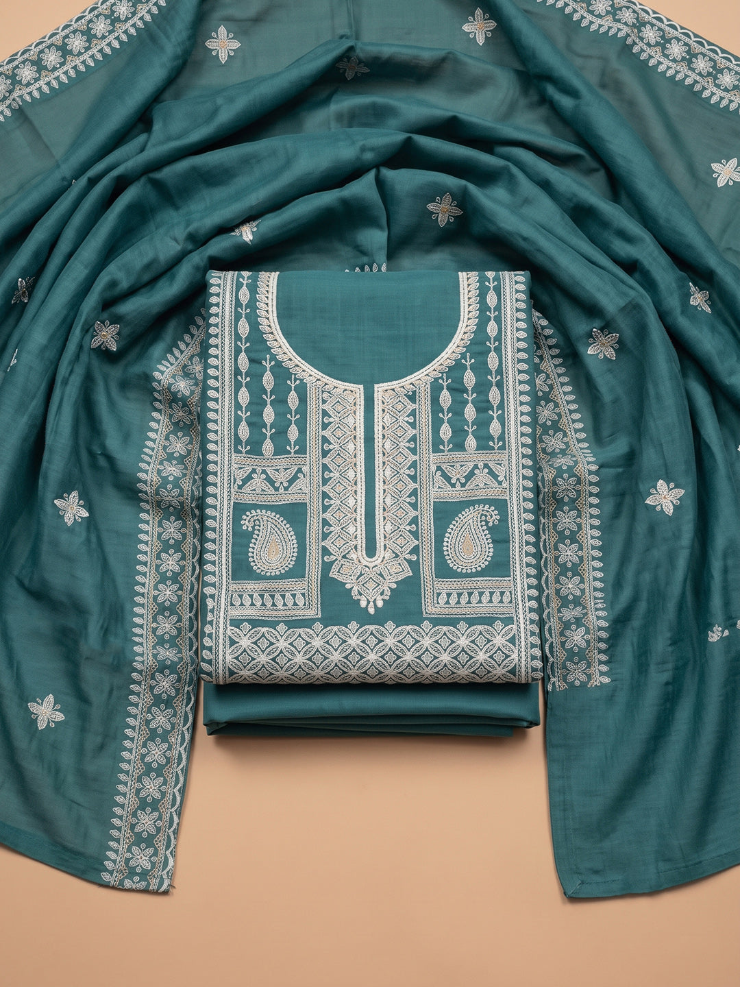 Rama-Green Chanderi Embroidered Unstitched Dress Material