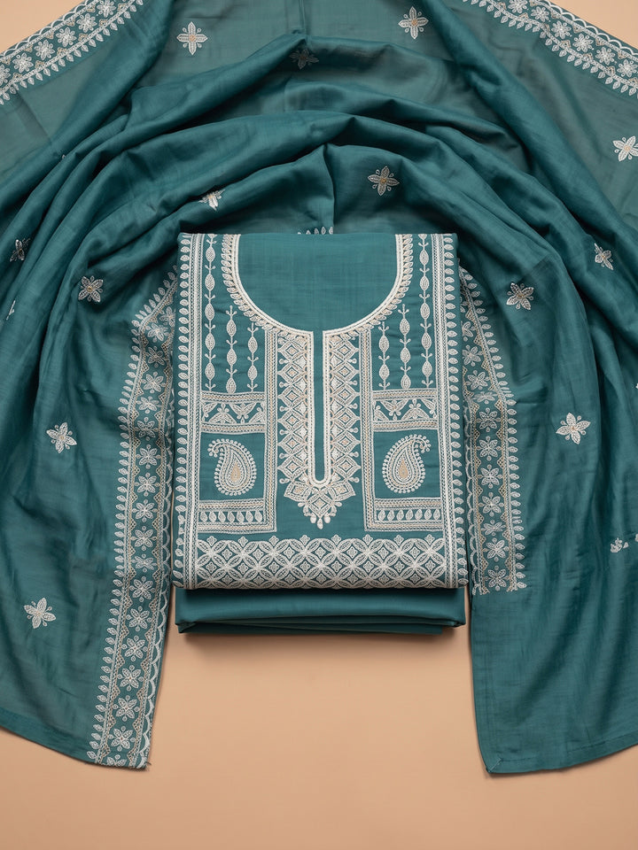 Rama-Green Chanderi Embroidered Unstitched Dress Material