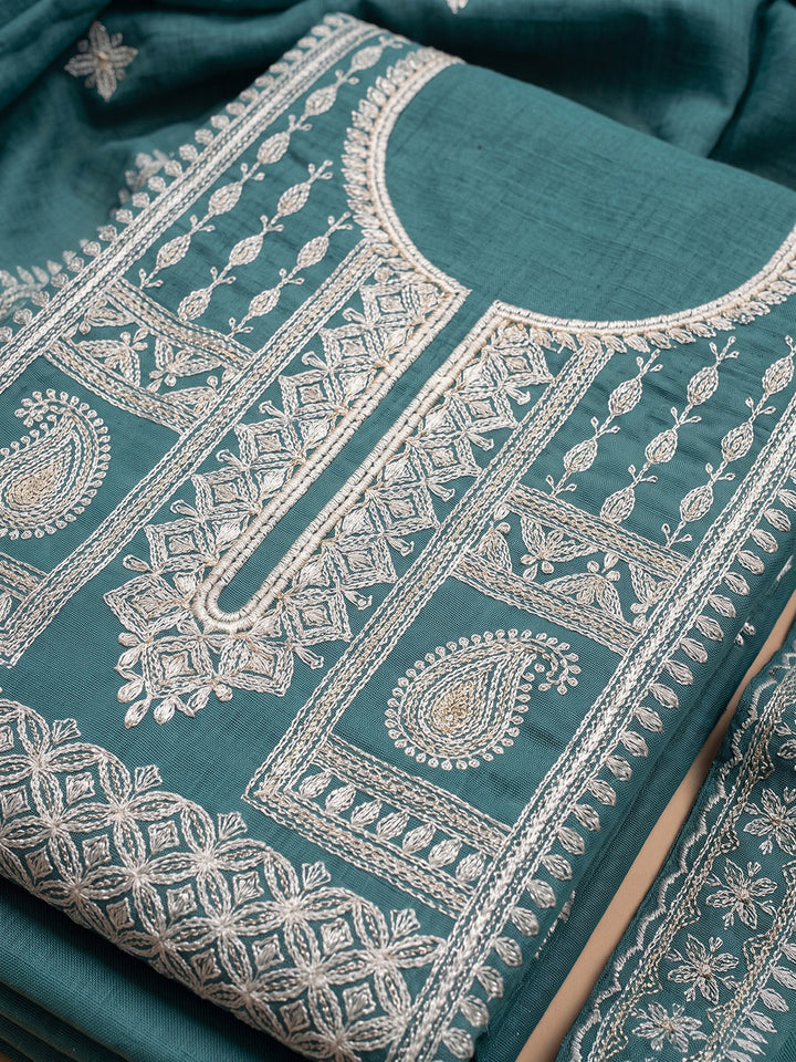 Rama-Green Chanderi Embroidered Unstitched Dress Material