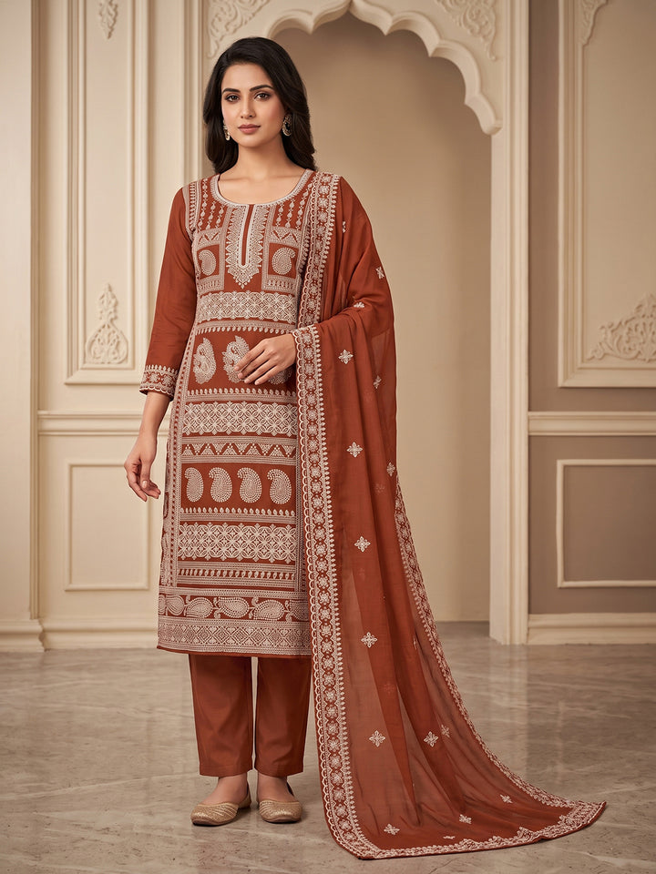 Rust Chanderi Embroidered Unstitched Dress Material