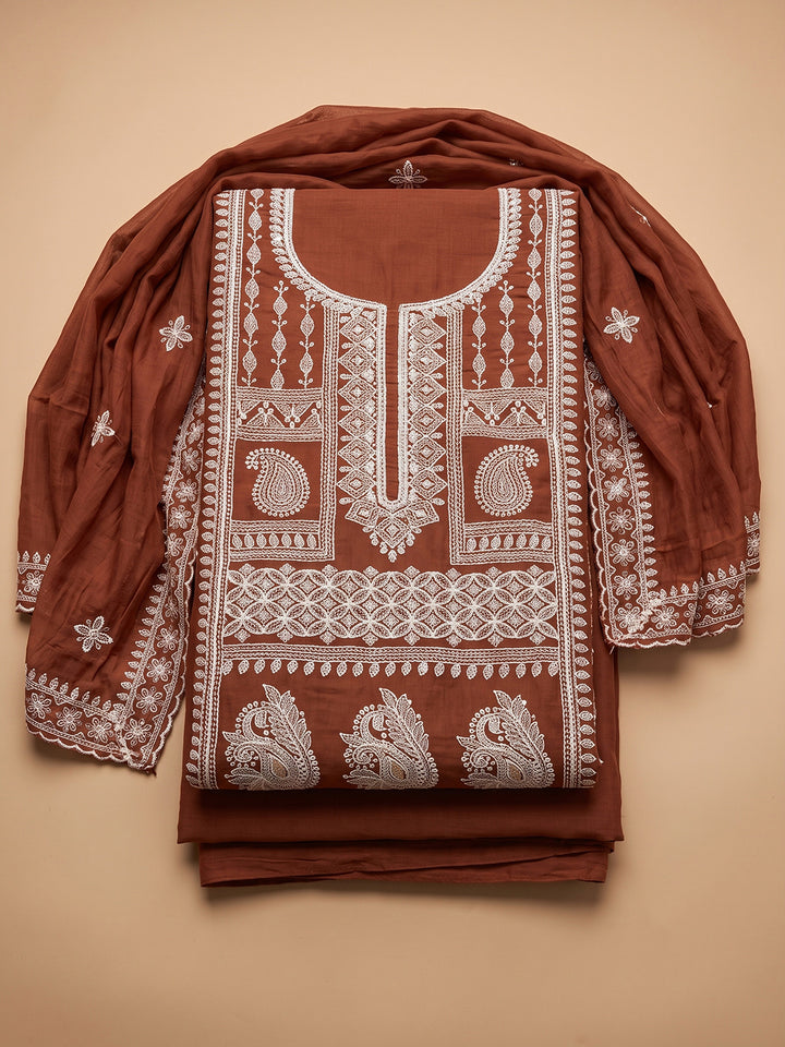 Rust Chanderi Embroidered Unstitched Dress Material