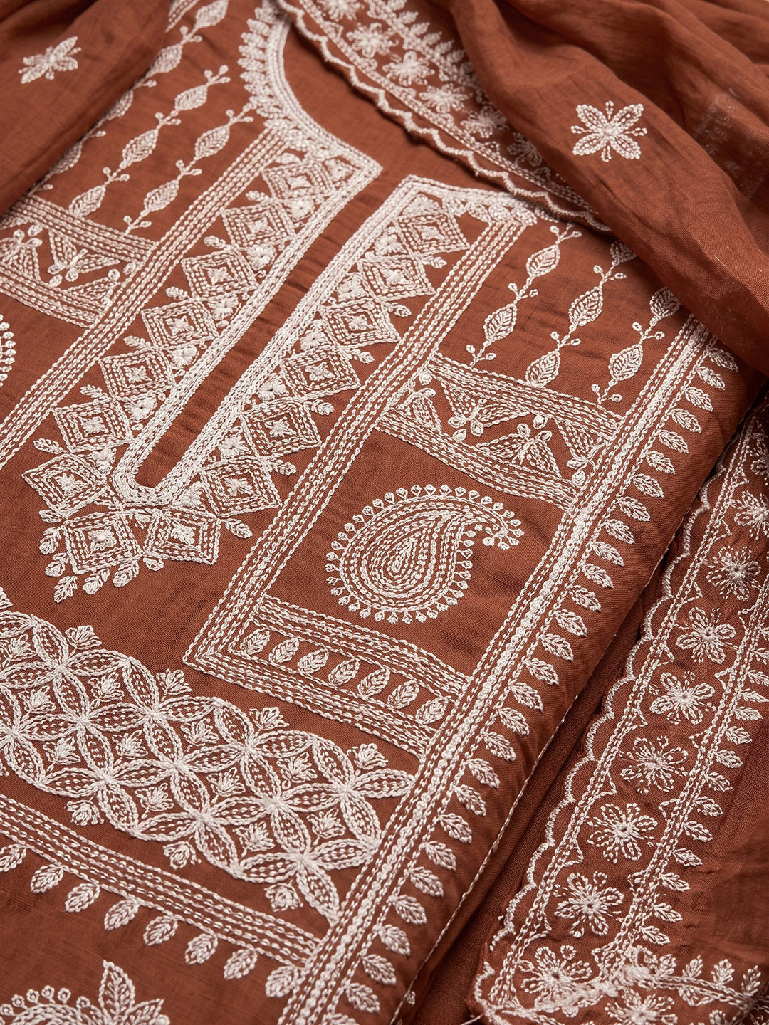 Rust Chanderi Embroidered Unstitched Dress Material