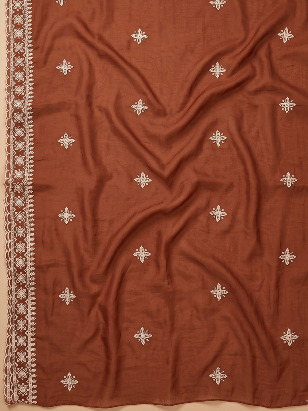 Rust Chanderi Embroidered Unstitched Dress Material