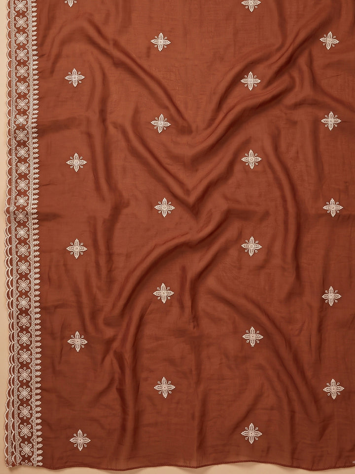 Rust Chanderi Embroidered Unstitched Dress Material