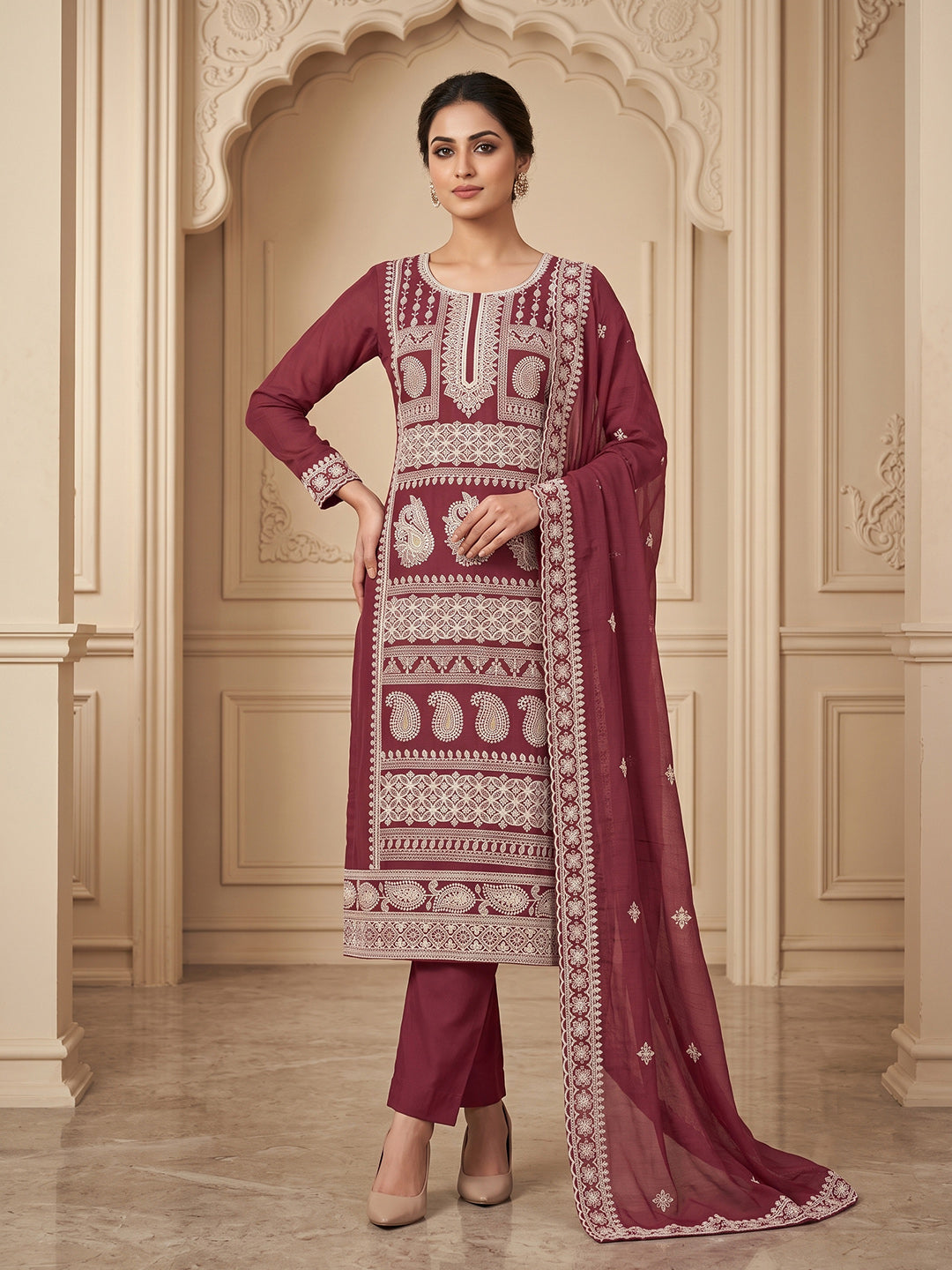 Wine Chanderi Embroidered Unstitched Dress Material
