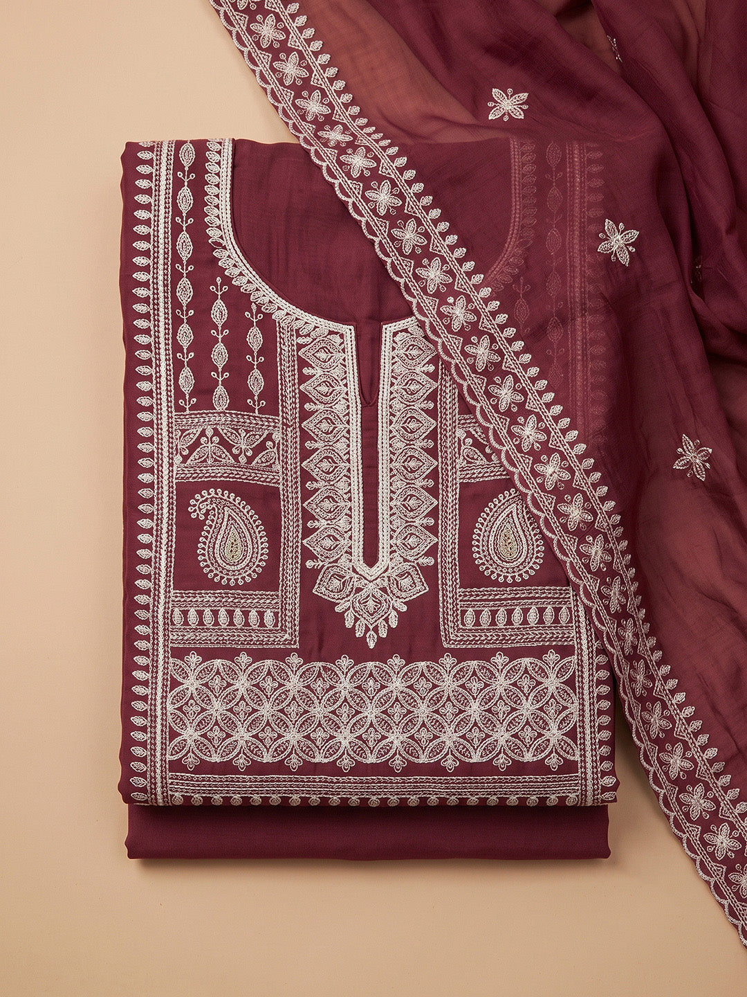 Wine Chanderi Embroidered Unstitched Dress Material