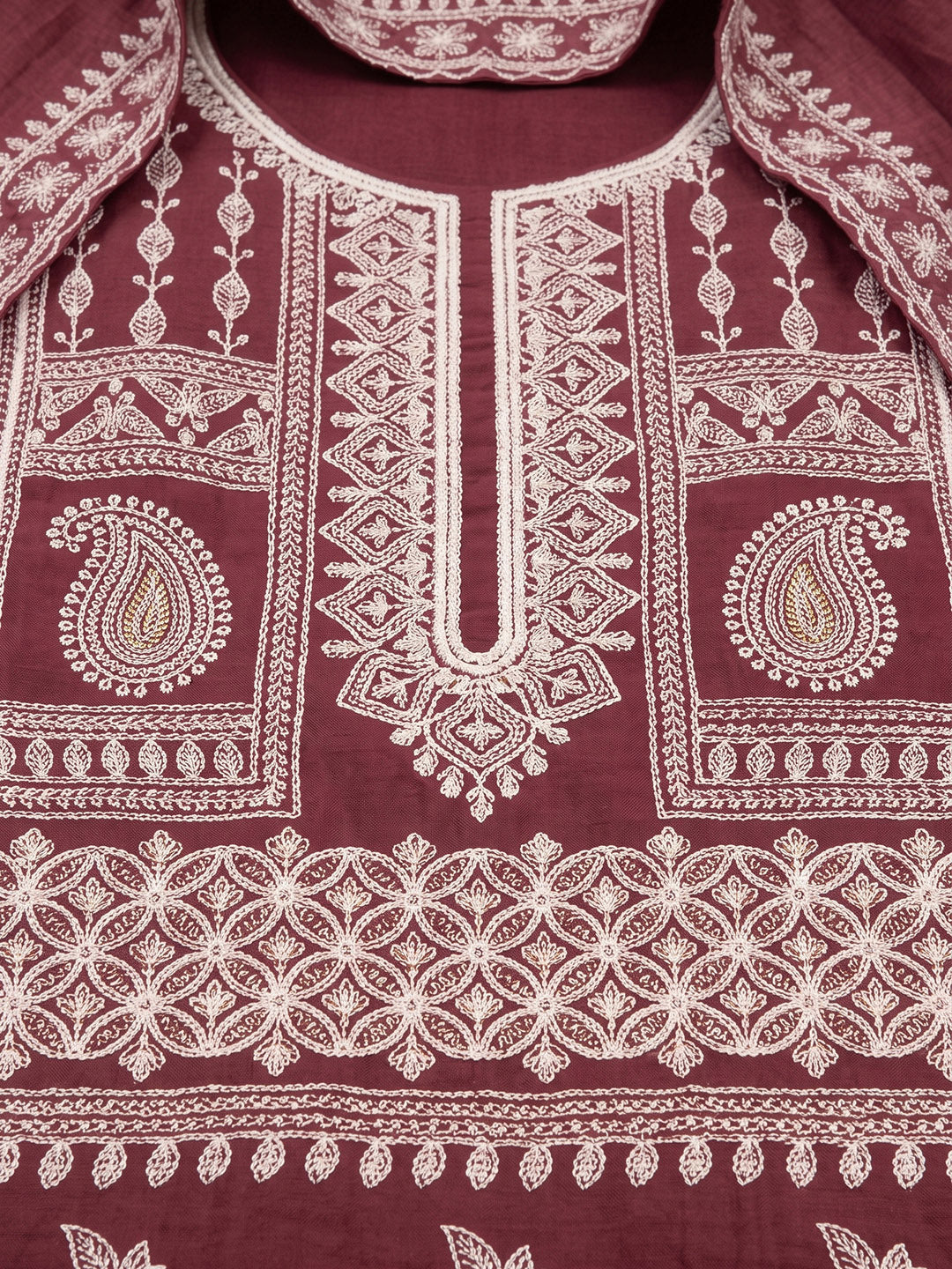 Wine Chanderi Embroidered Unstitched Dress Material