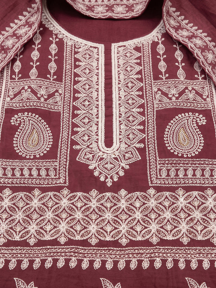 Wine Chanderi Embroidered Unstitched Dress Material