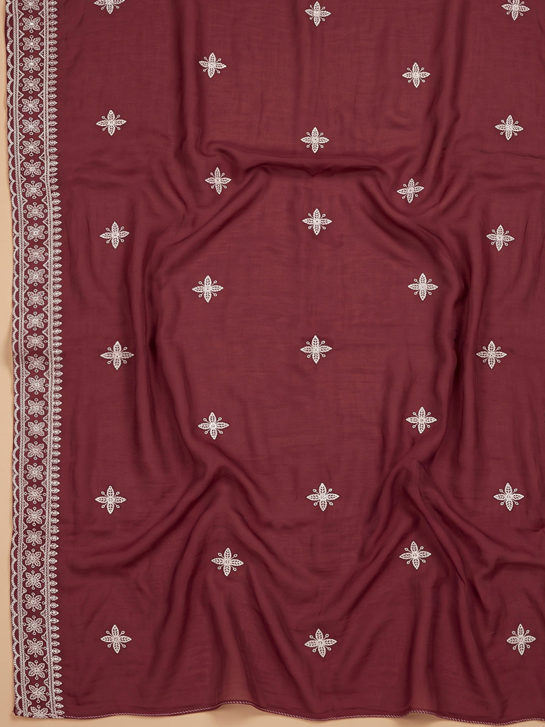Wine Chanderi Embroidered Unstitched Dress Material