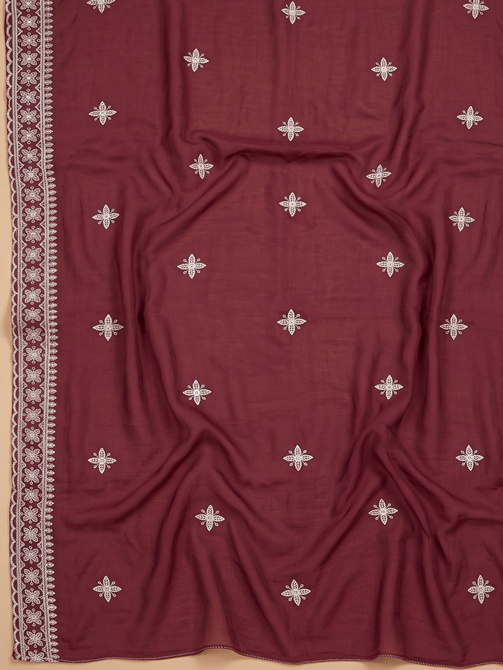 Wine Chanderi Embroidered Unstitched Dress Material