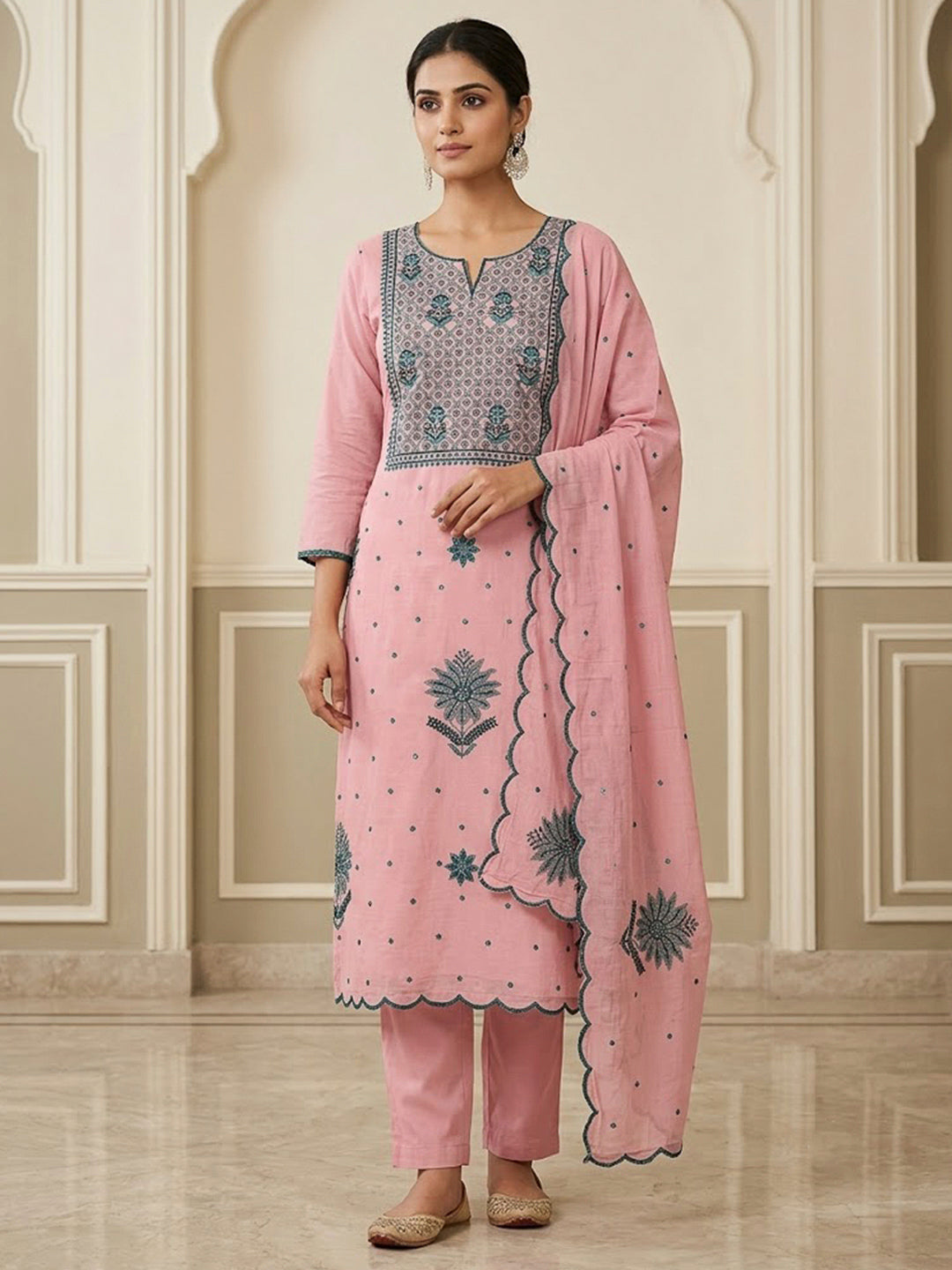 Peach Chanderi Embroidered Unstitched Dress Material