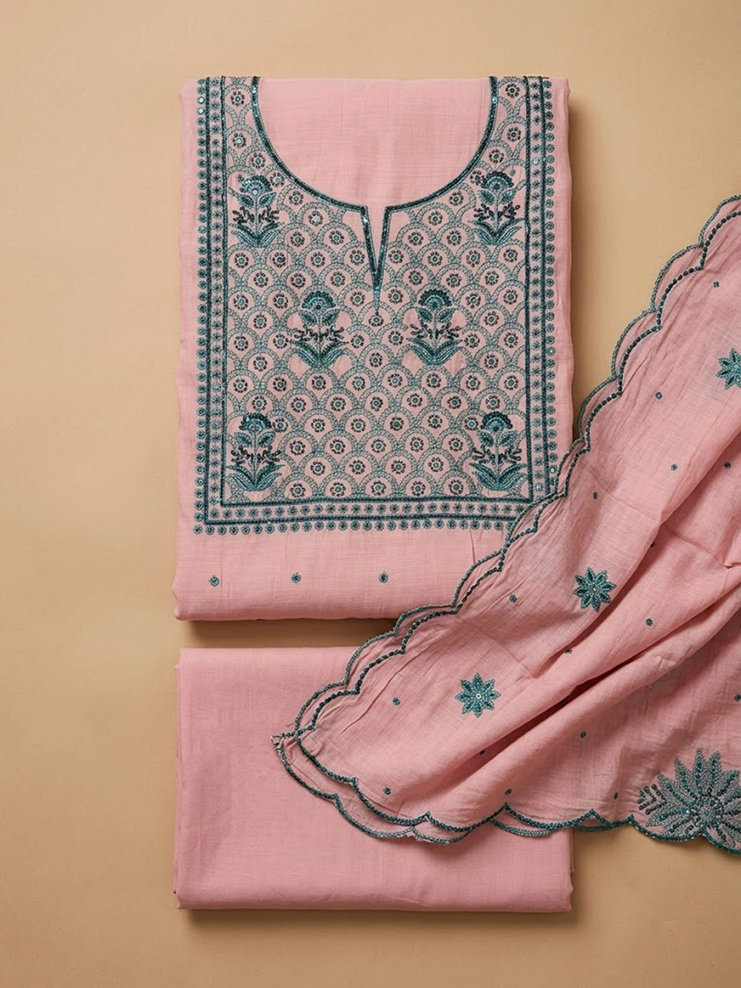 Peach Chanderi Embroidered Unstitched Dress Material