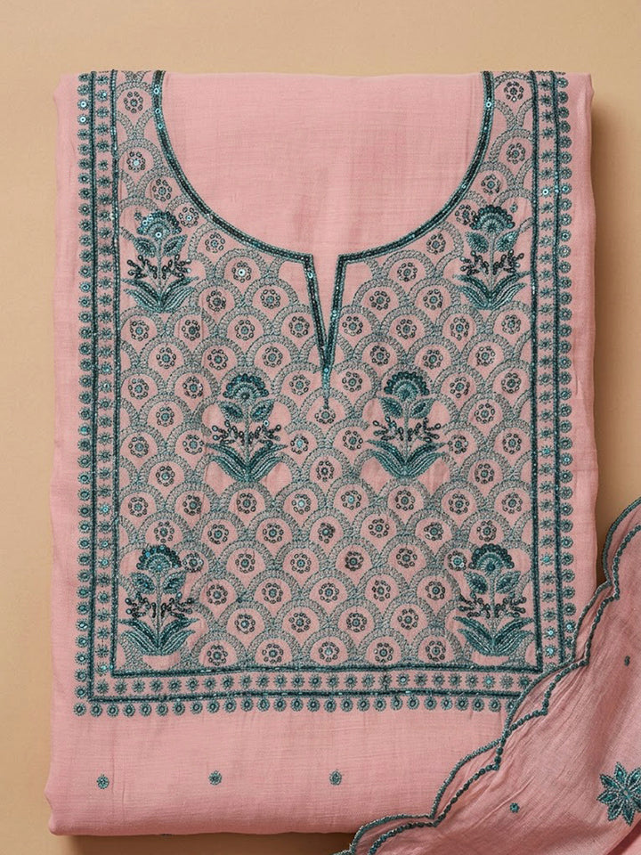 Peach Chanderi Embroidered Unstitched Dress Material