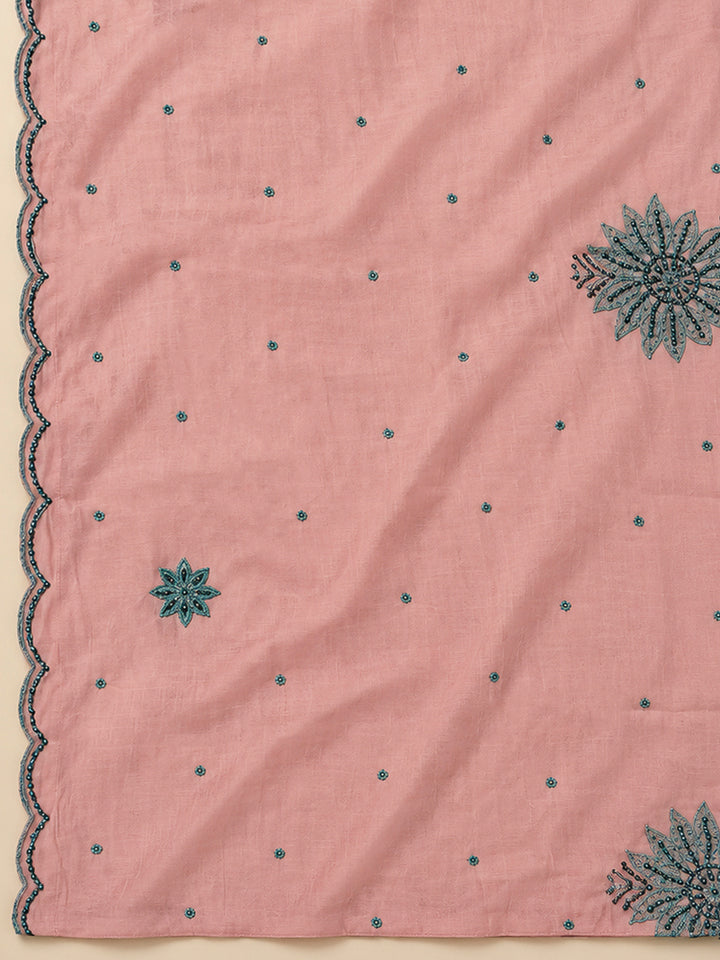 Peach Chanderi Embroidered Unstitched Dress Material