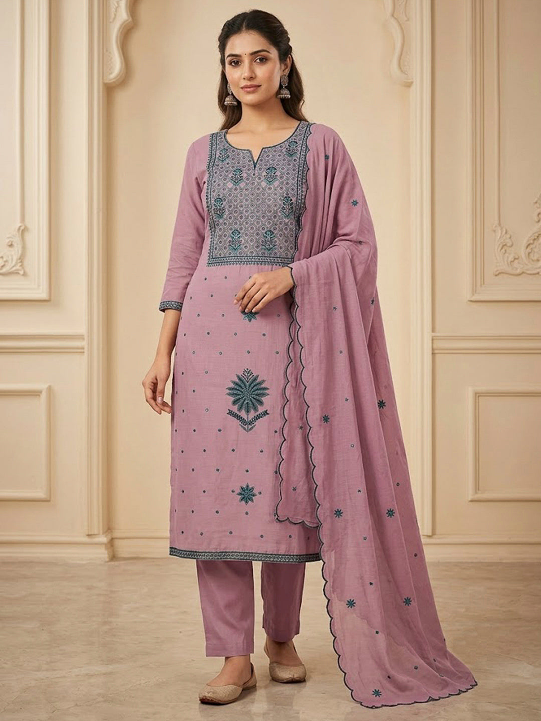 Pink Chanderi Embroidered Unstitched Dress Material