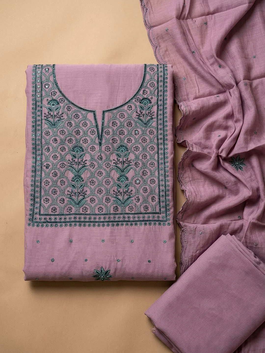 Pink Chanderi Embroidered Unstitched Dress Material