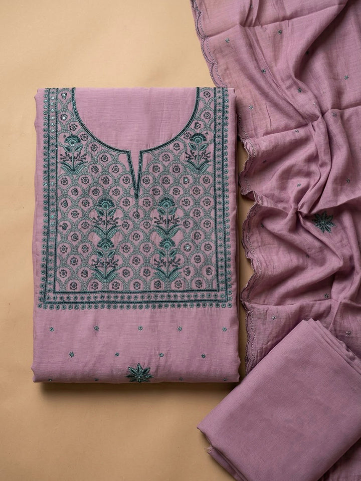 Pink Chanderi Embroidered Unstitched Dress Material