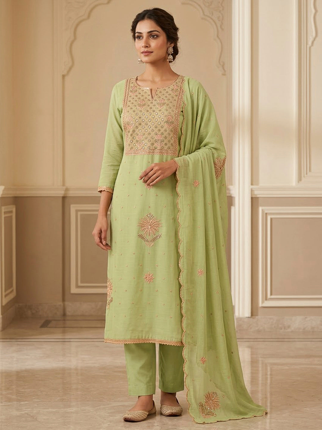 Pista Green Chanderi Embroidered Unstitched Dress Material