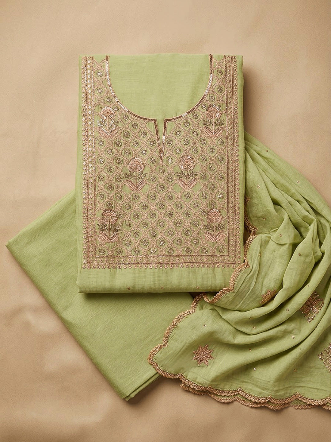 Pista Green Chanderi Embroidered Unstitched Dress Material