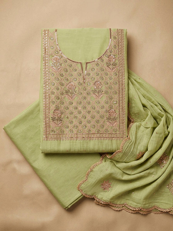 Pista Green Chanderi Embroidered Unstitched Dress Material