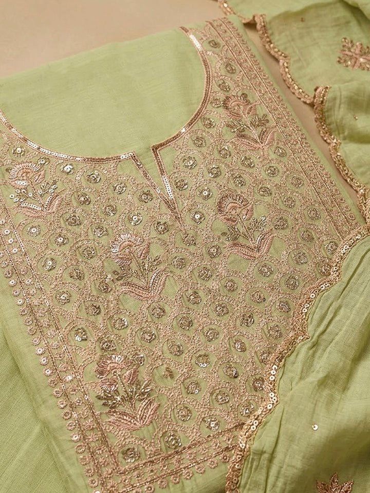 Pista Green Chanderi Embroidered Unstitched Dress Material