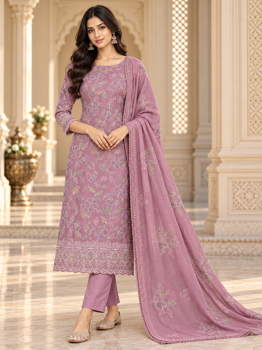 Onion-Pink Chanderi Embroidered Unstitched Dress Material