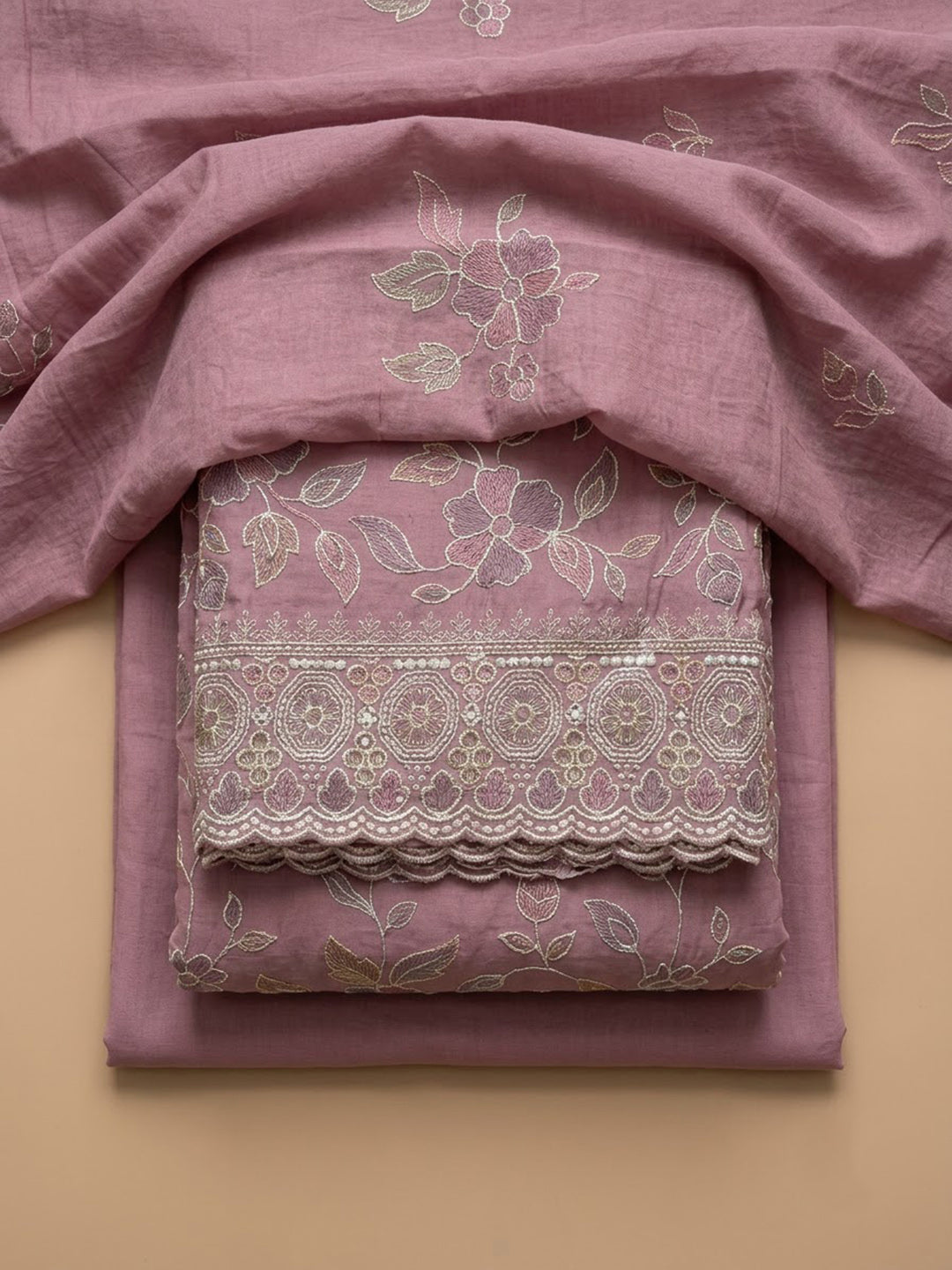 Onion-Pink Chanderi Embroidered Unstitched Dress Material