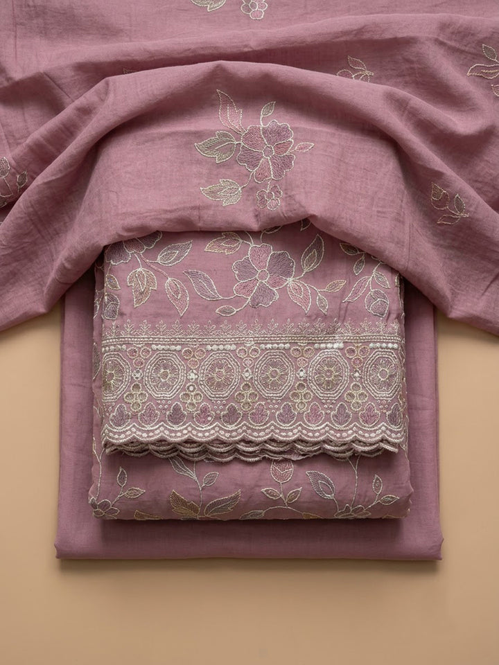 Onion-Pink Chanderi Embroidered Unstitched Dress Material
