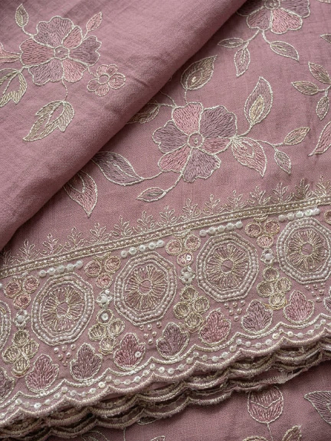 Onion-Pink Chanderi Embroidered Unstitched Dress Material