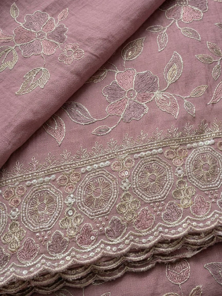 Onion-Pink Chanderi Embroidered Unstitched Dress Material