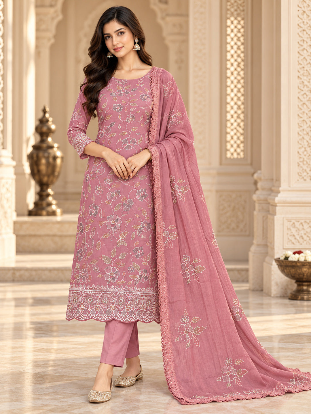 Peach Chanderi Embroidered Unstitched Dress Material