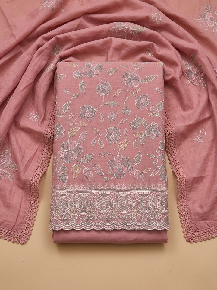 Peach Chanderi Embroidered Unstitched Dress Material