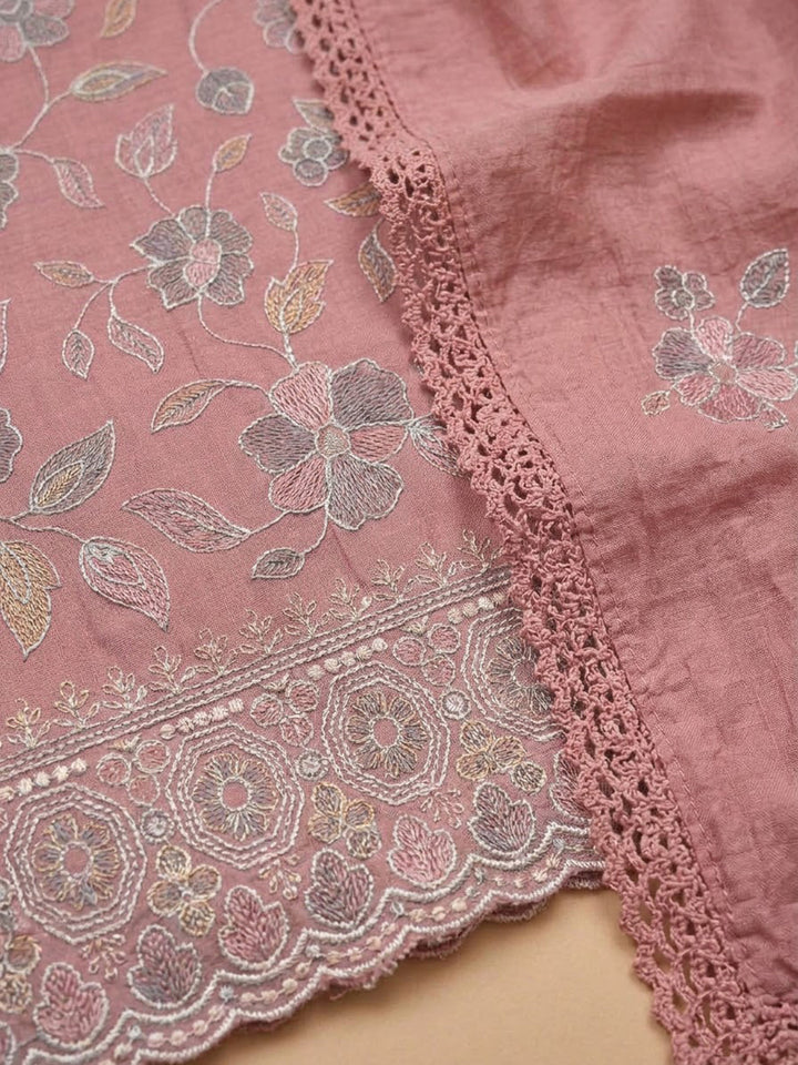 Peach Chanderi Embroidered Unstitched Dress Material