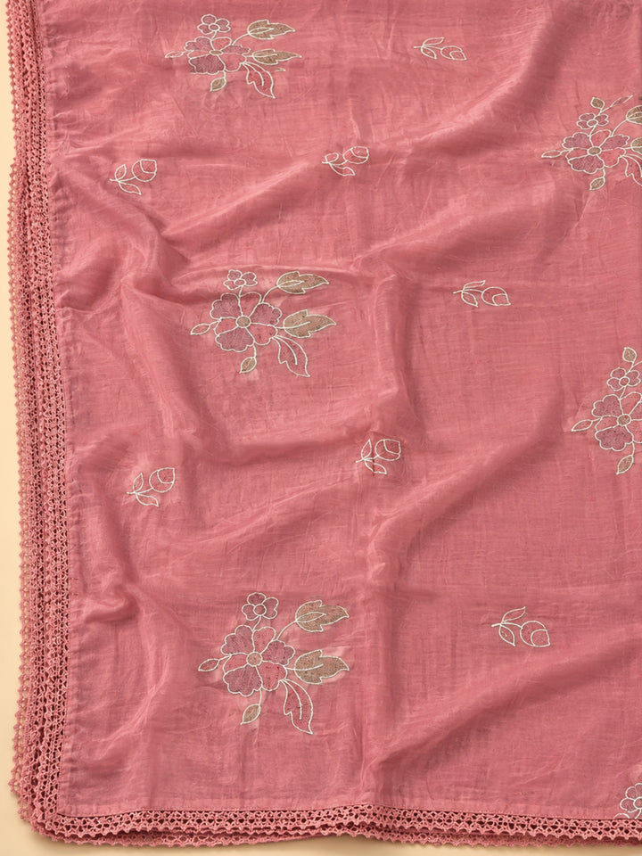 Peach Chanderi Embroidered Unstitched Dress Material