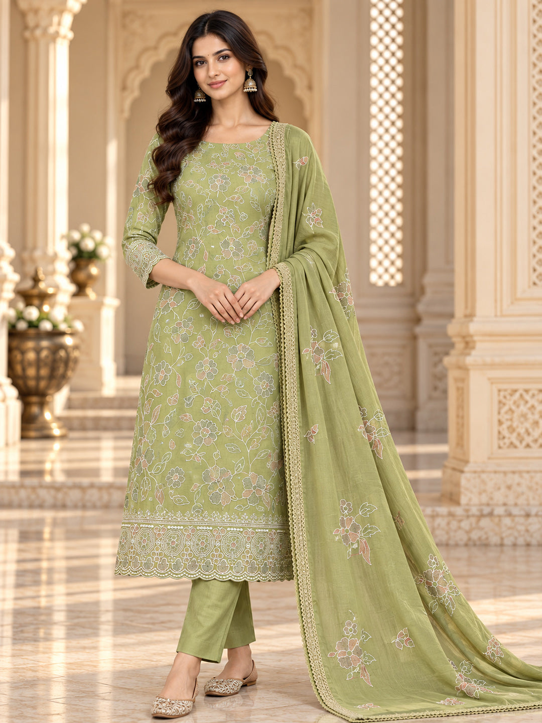 Pista-Green Chanderi Embroidered Unstitched Dress Material