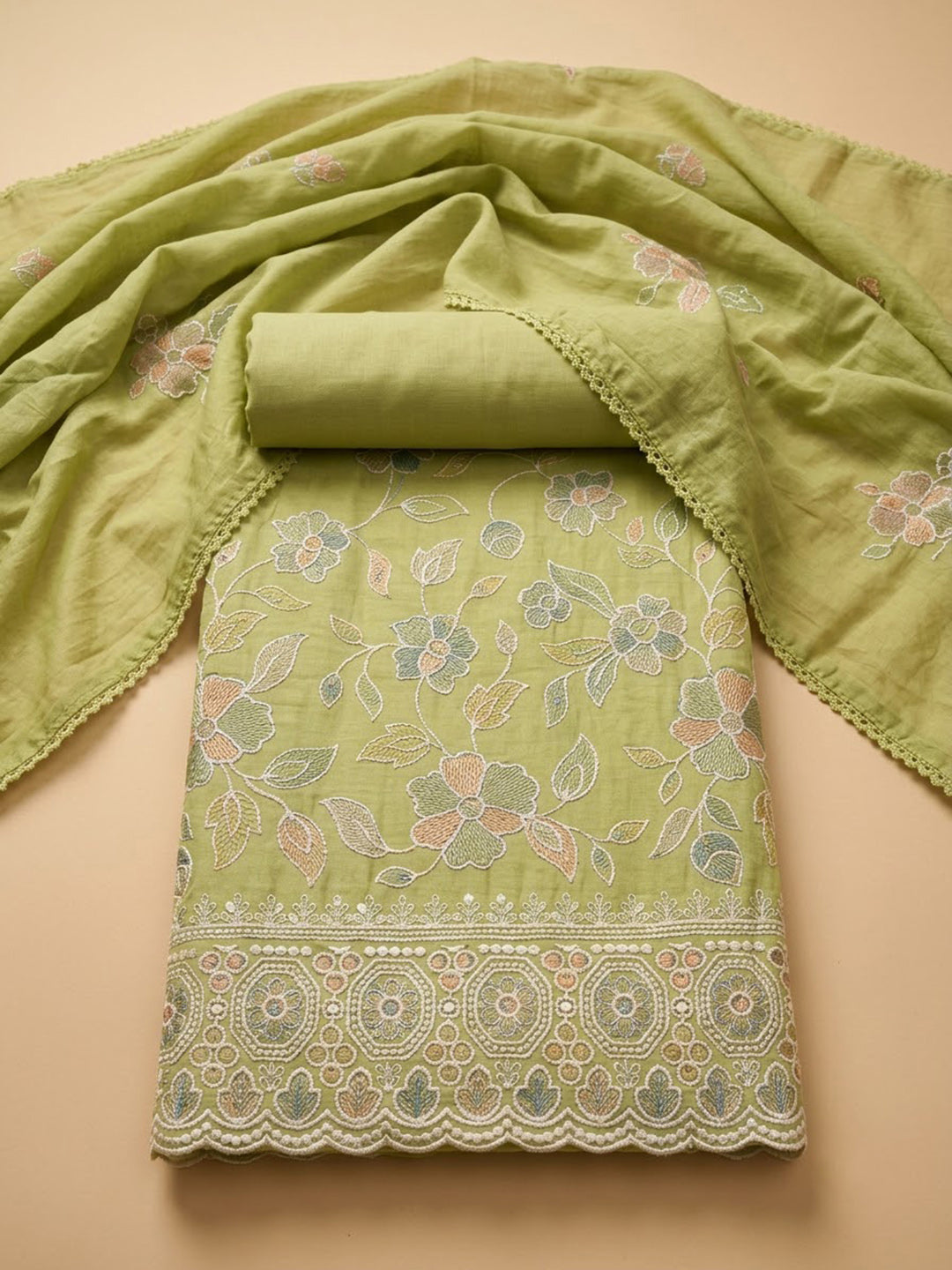 Pista-Green Chanderi Embroidered Unstitched Dress Material