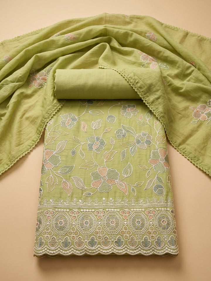 Pista-Green Chanderi Embroidered Unstitched Dress Material