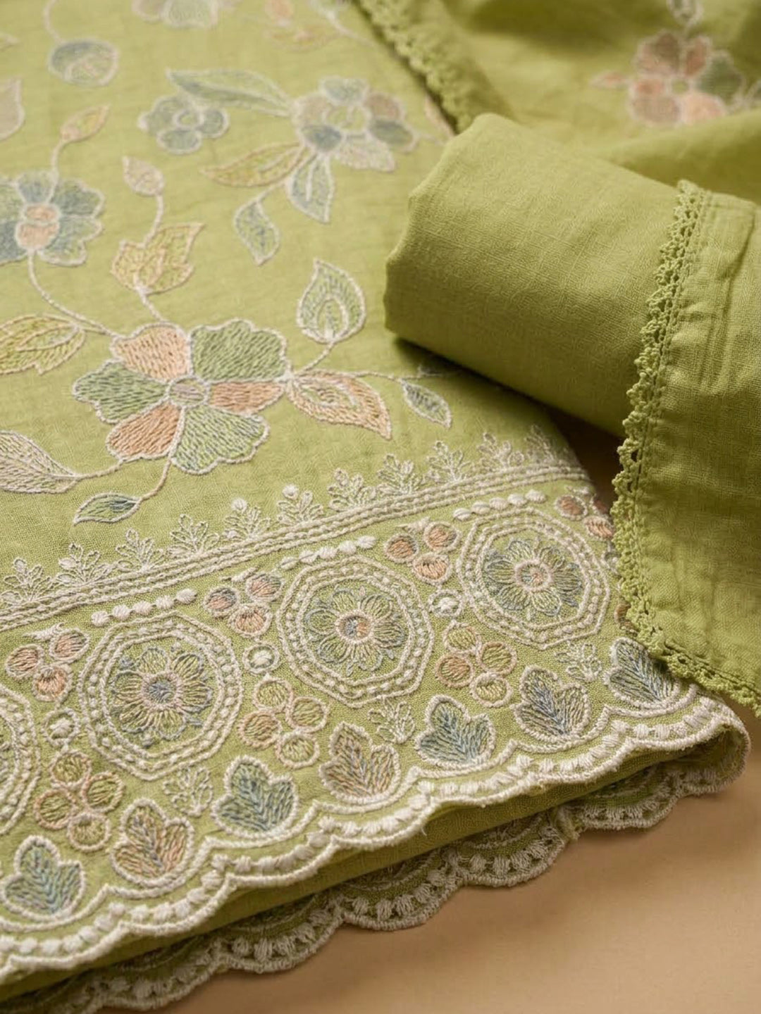 Pista-Green Chanderi Embroidered Unstitched Dress Material