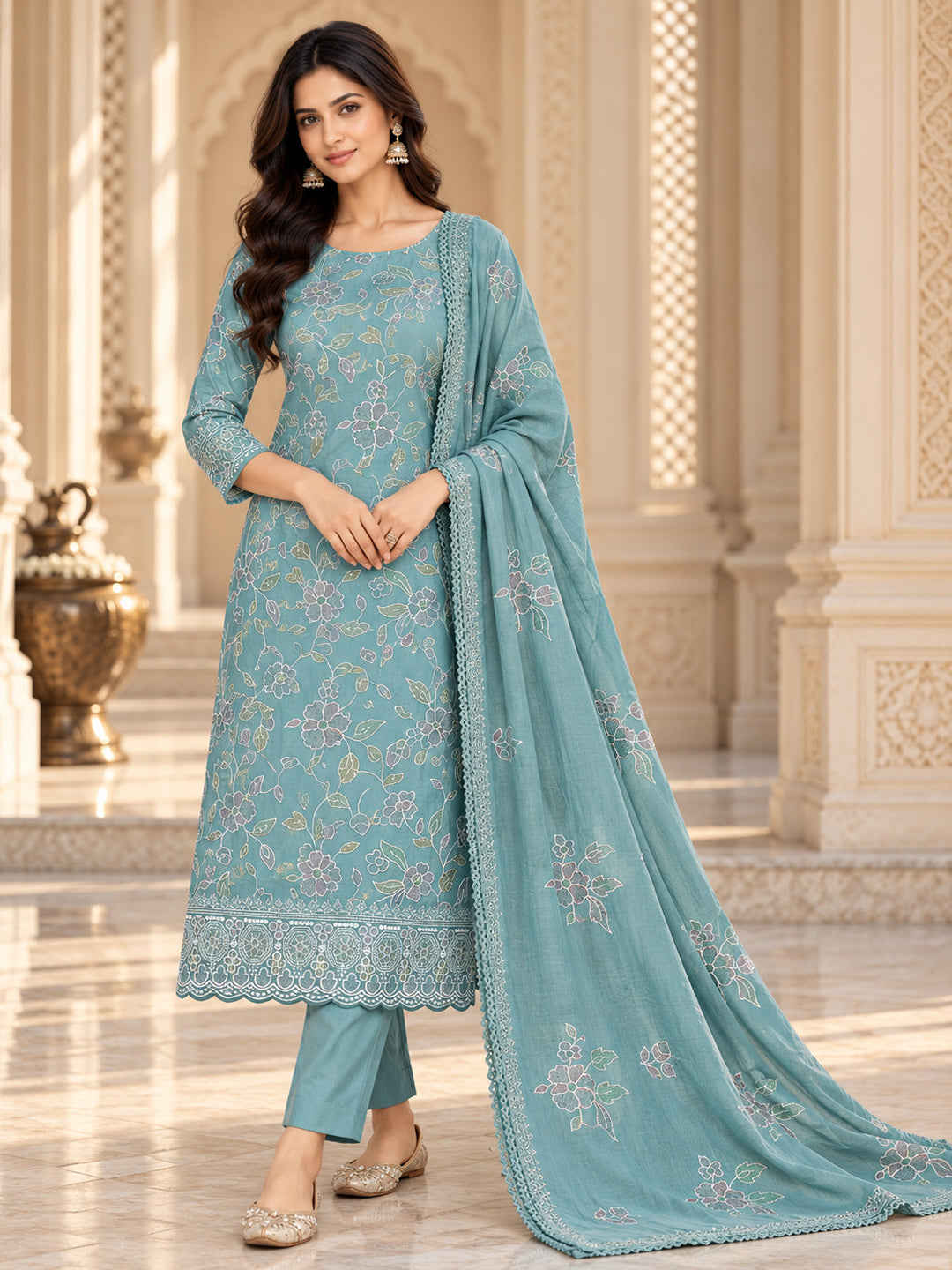 Rama-Green Chanderi Embroidered Unstitched Dress Material