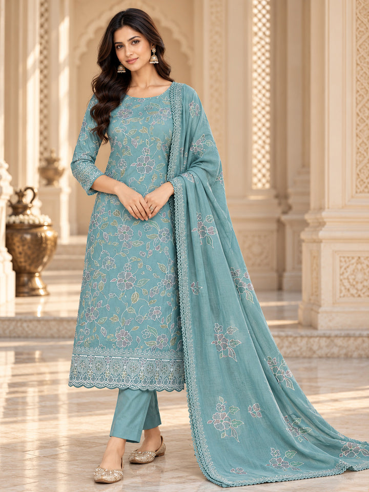 Rama-Green Chanderi Embroidered Unstitched Dress Material