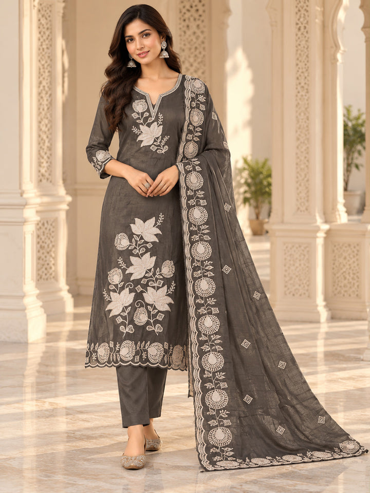 Grey Chanderi Embroidered Unstitched Dress Material