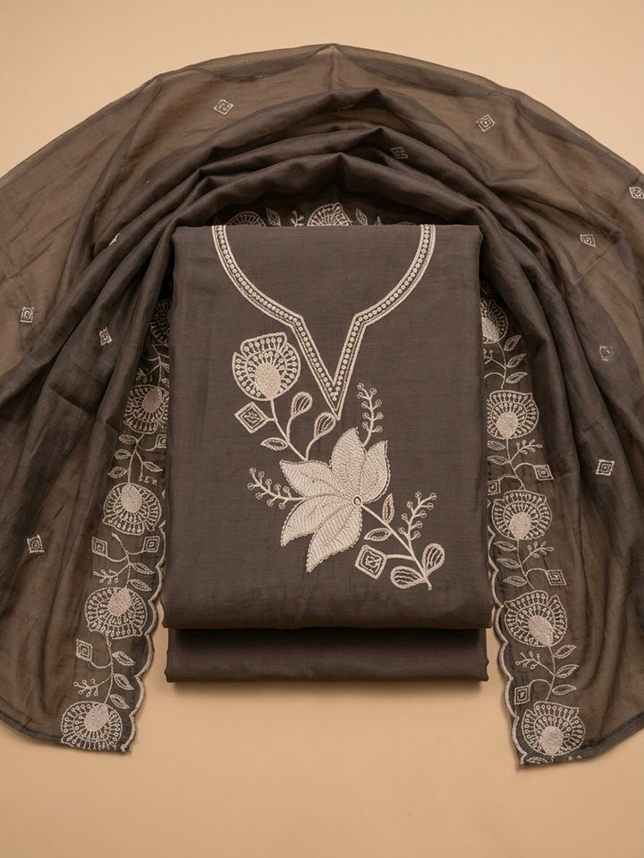 Grey Chanderi Embroidered Unstitched Dress Material