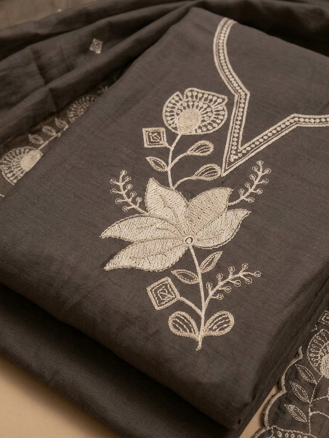 Grey Chanderi Embroidered Unstitched Dress Material