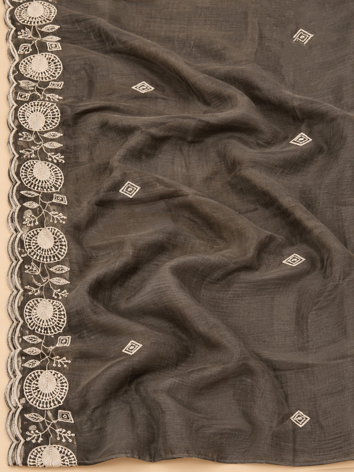 Grey Chanderi Embroidered Unstitched Dress Material