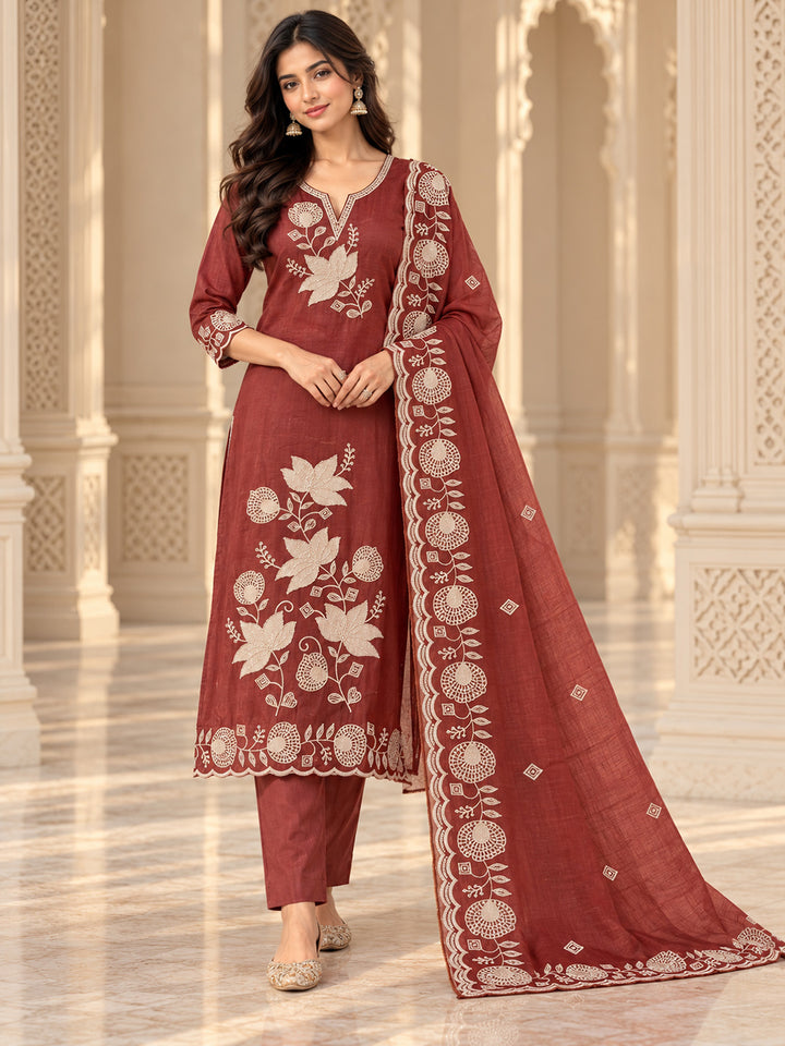 Maroon Chanderi Embroidered Unstitched Dress Material
