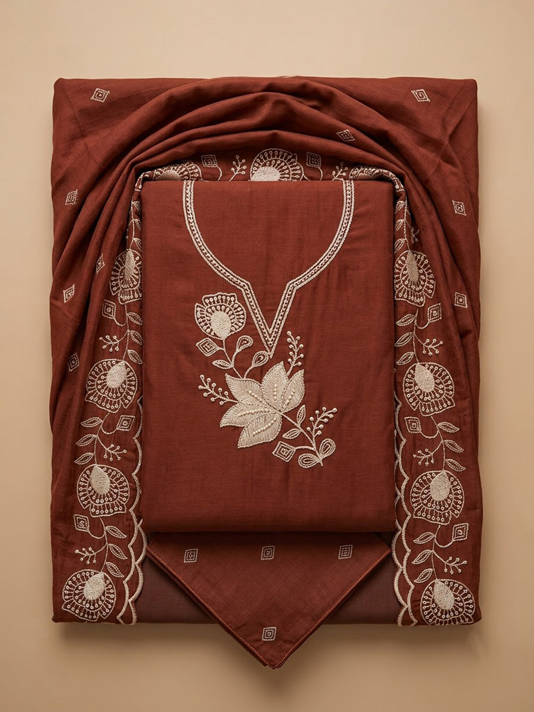 Maroon Chanderi Embroidered Unstitched Dress Material